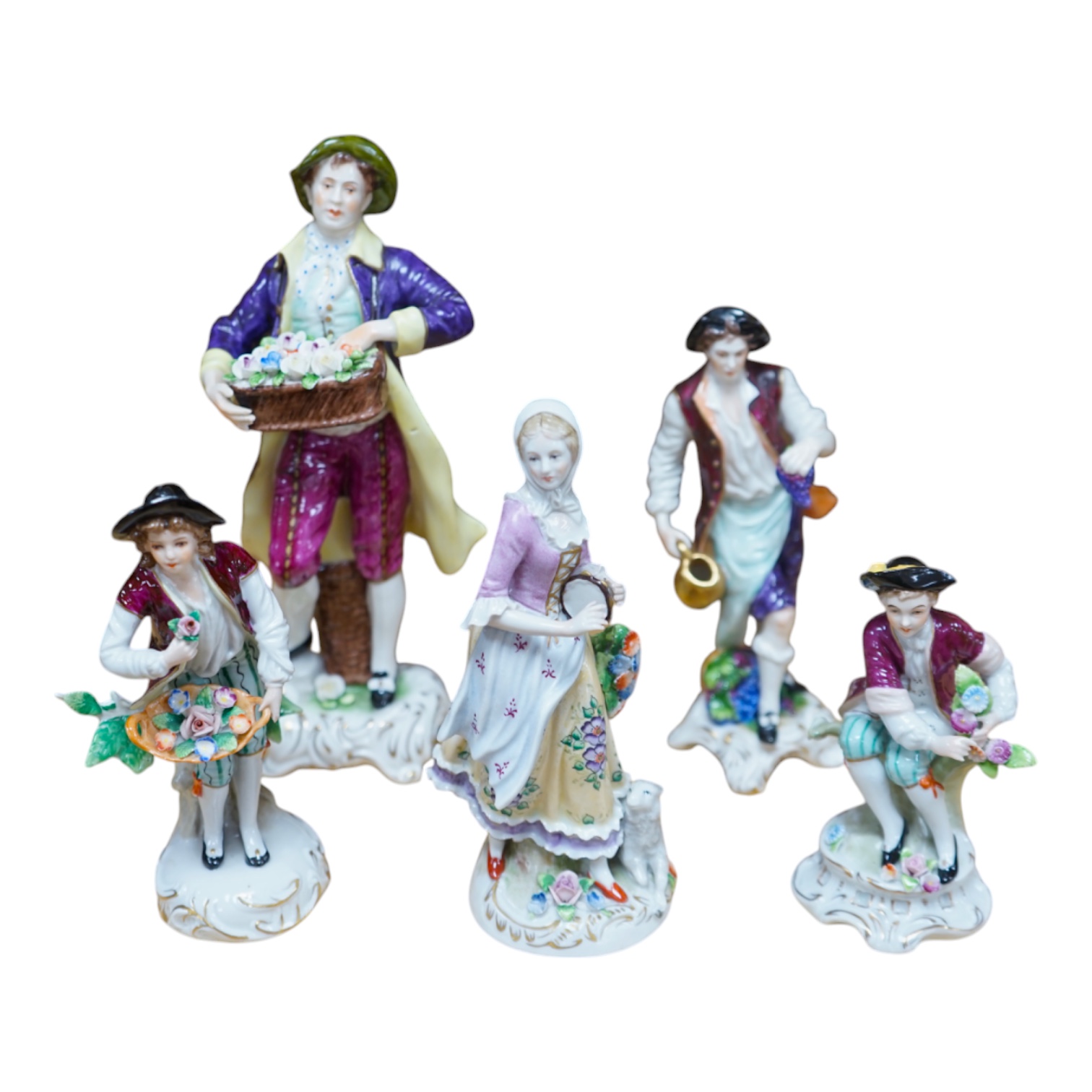 Five Continental figurines, three with Sitzendorf marks and two with crowned ‘K’s, tallest 22cm. Condition - good.